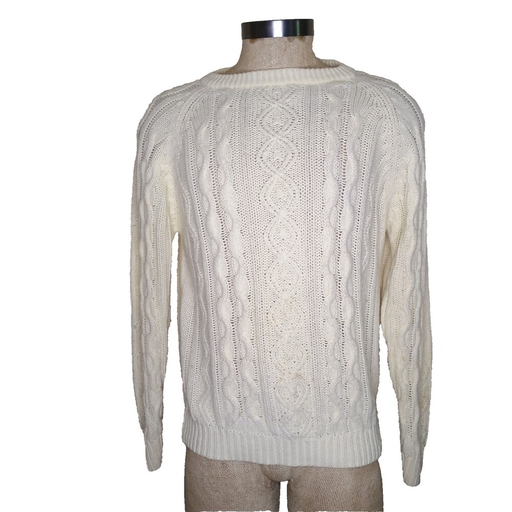 Vtg Kings Road Sweater Mens Sz M Cream Cable Knit Fisherman Acrylic 70s READ